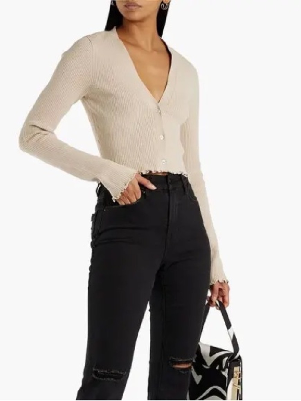 Good American Beige Ribbed Cropped Cardigan Sweater Size XS